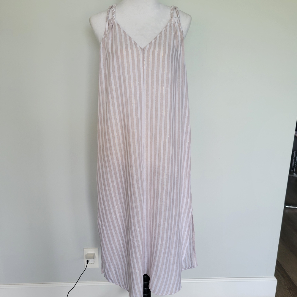 NWT RACHEL ASHWELL Linen Blend Metallic Striped Sleeveless Maxi Dress Sz Medium
